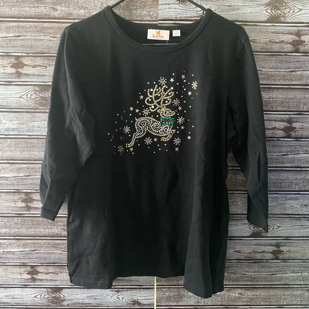 Quacker‎ Factory Women's Long-Sleeved Top Size L Black Reindeer Embellished NWT